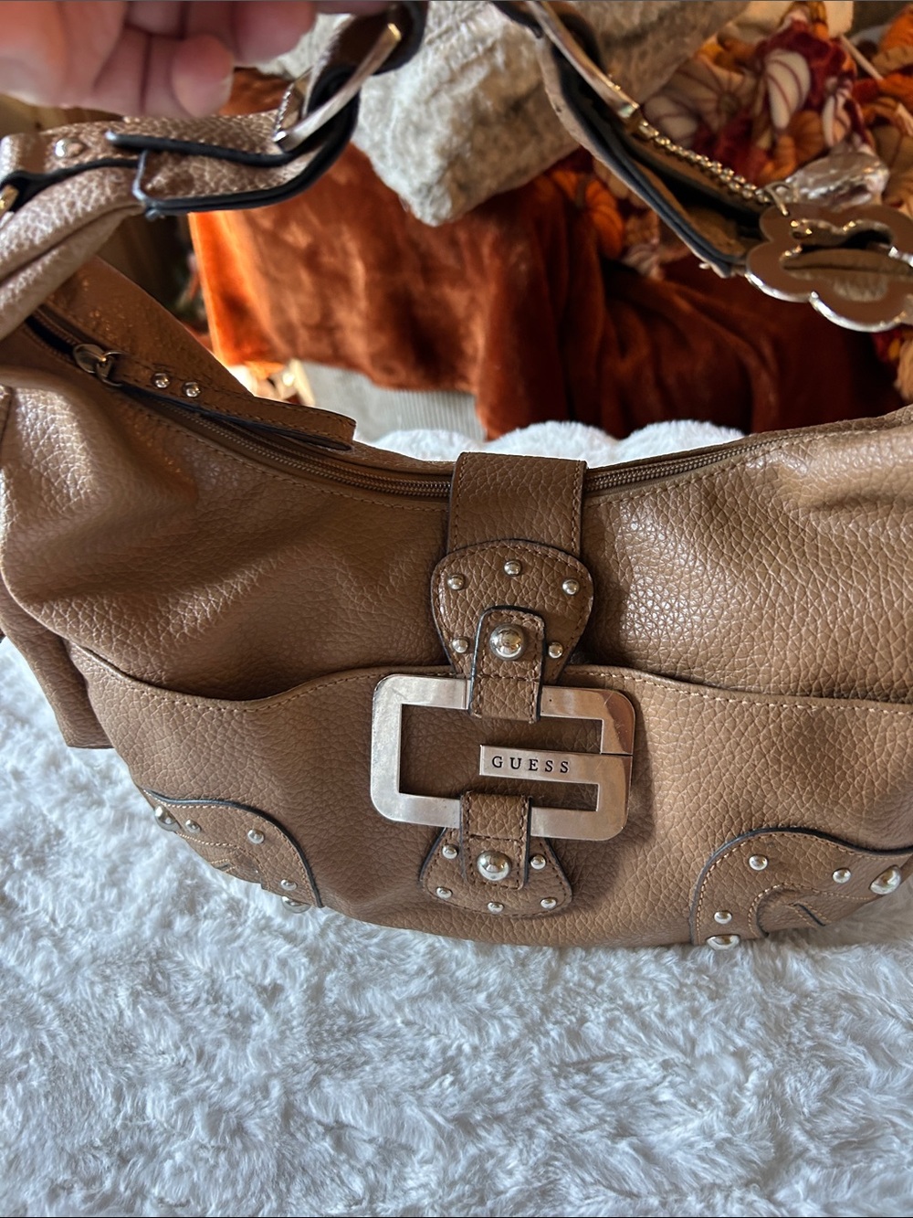 GUESS Beige/Tan Pebbled Leather Shoulder Bag with Logo Buckle